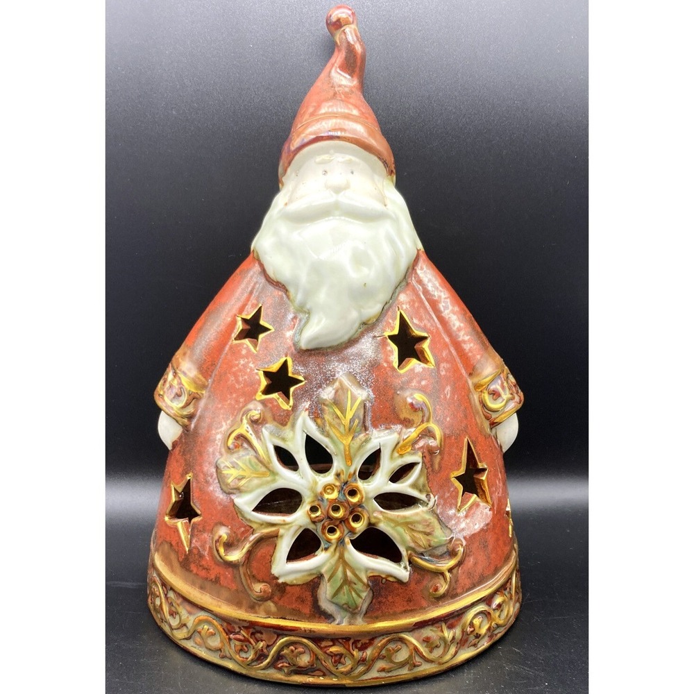 Christmas Rustic Santa Cutout Ceramic Candle/Tealight Holder Gold/Brown/Cream
